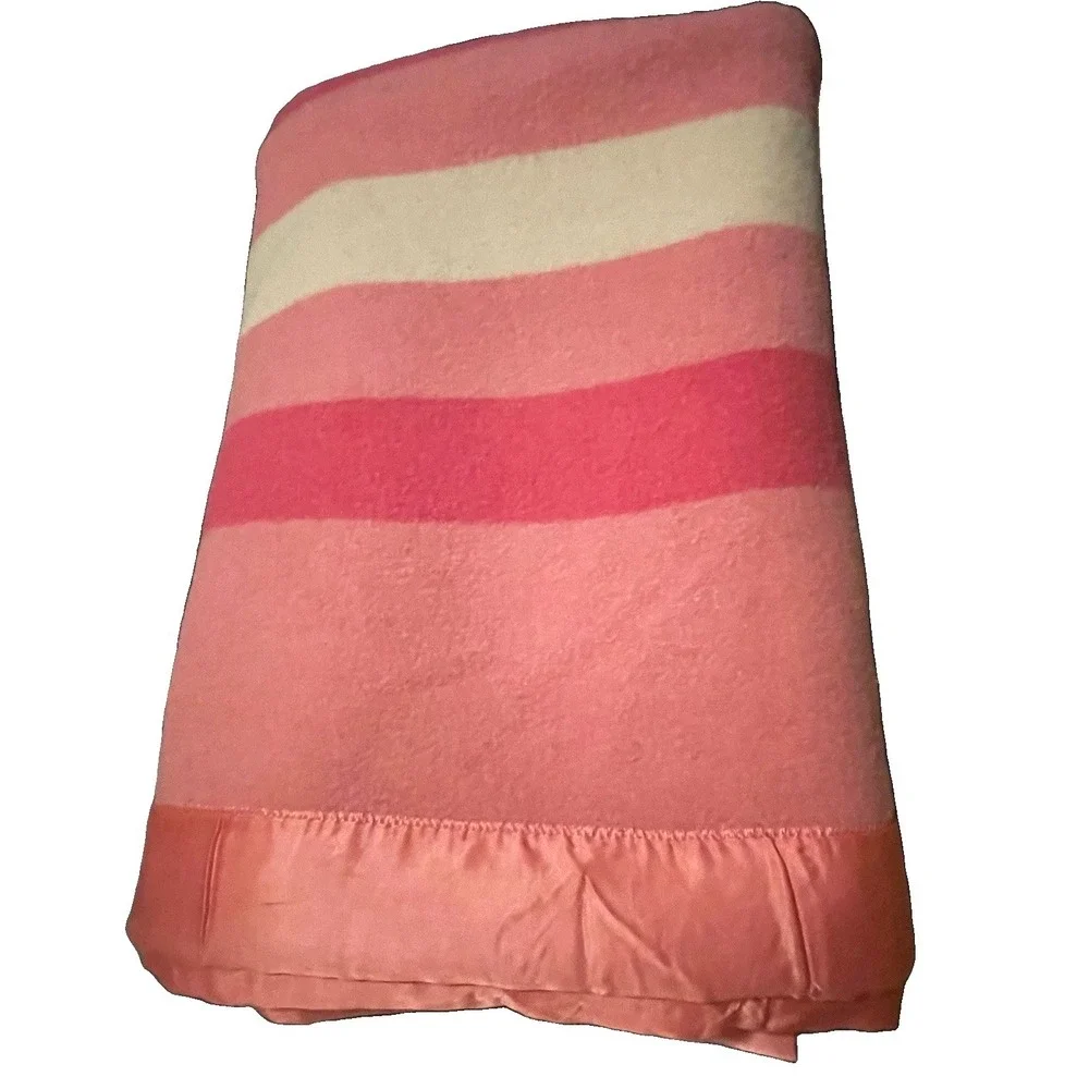 Vtg Baron Woolen Mills Wool Blanket Pink White Stripe Satin Trim 70